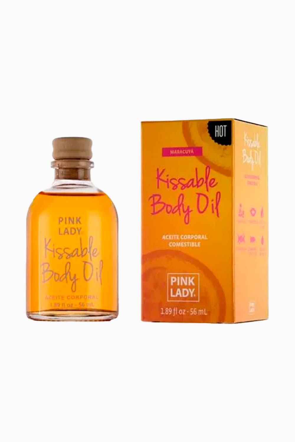 Aceite Besable Pink Lady sabor maracuyá de 56 ml, ideal para masajes, besos íntimos y lubricación con efecto calor.